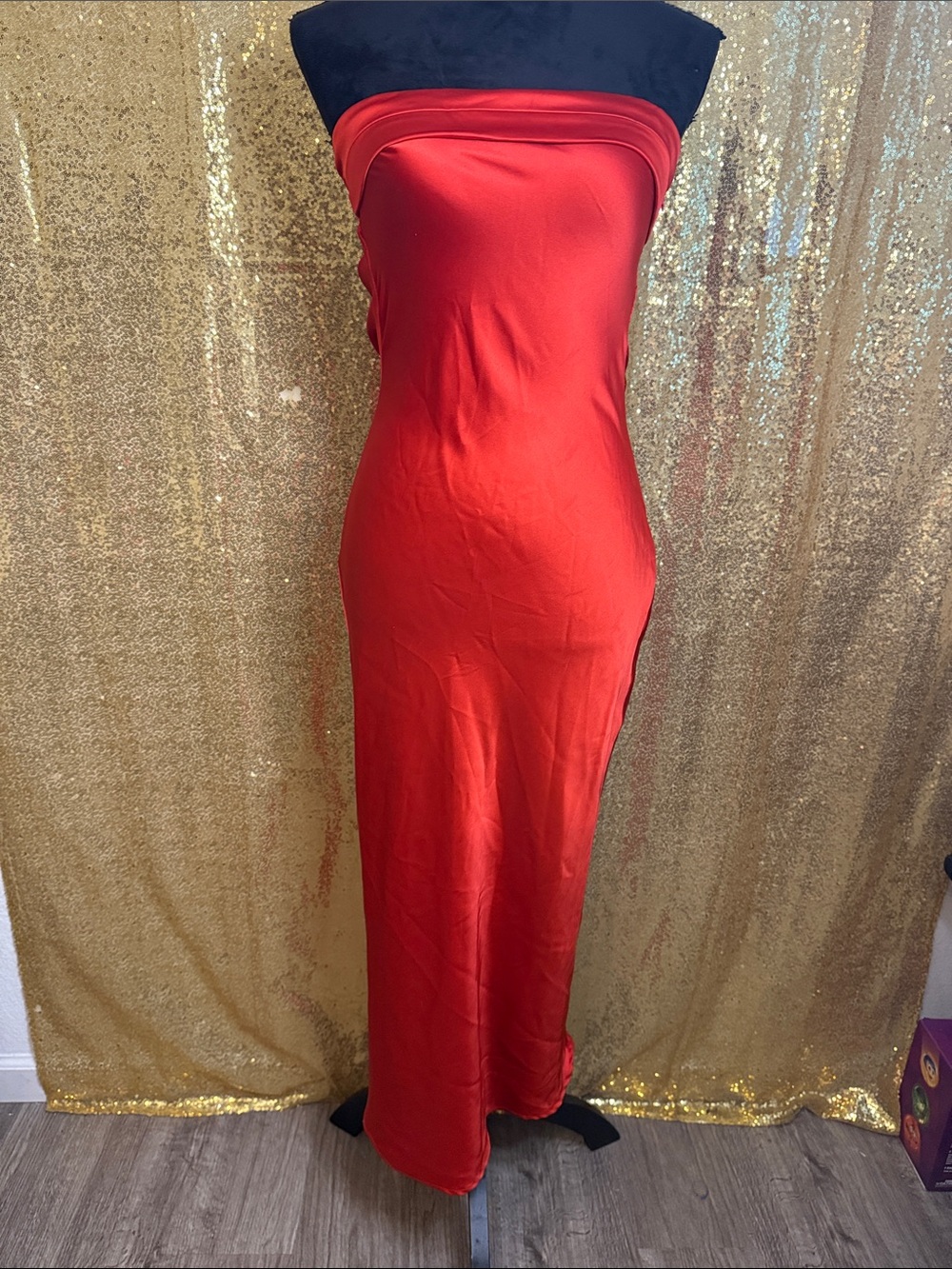Red Strapless Satin Column Dress